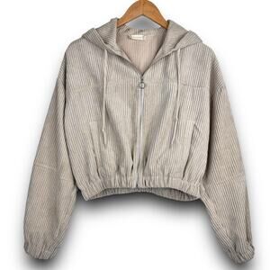 Altard State Cropped Corduroy Hooded Jacket Zipper Front Light Tan Beige Medium